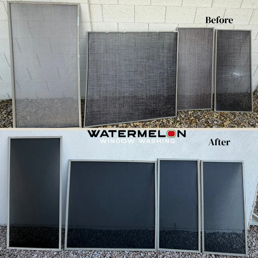Before-and-after window screen comparison — dirty vs spotless